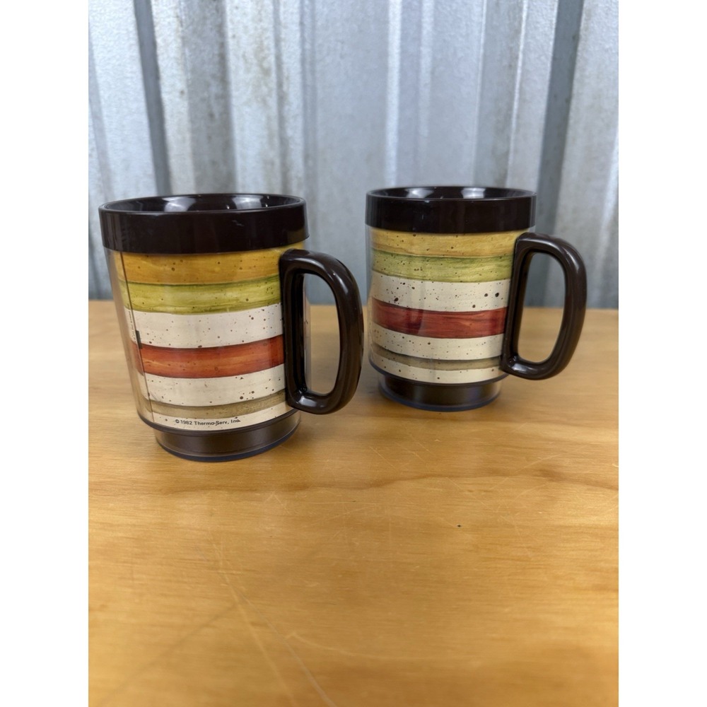 Vintage Thermo Serv Mug Cups 1982 MCM Plastic Retro Brown Striped Design USA 8oz